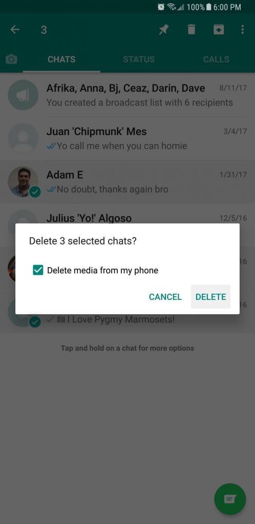 تائید حذف گفتگو های انتخابی در واتساپ WhatsApp 