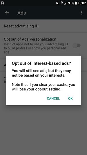بخش Ads یا تبلیغات را انتخاب نمایید, گزینه "Opt out of Ads Personalization" یا "انصراف از شخصی سازی آگهی ها" را فعال نمایید,