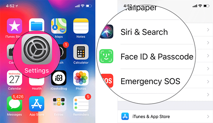 در iPhone یا iPad خود به بخش <strong>Settings و یا تنظیمات</strong> iOS بروید, Face ID/Touch ID & Passcode را انتخاب نمایید,