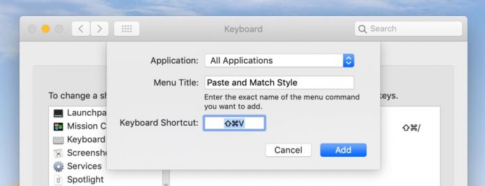 keyboard shortcut for paste and match style
