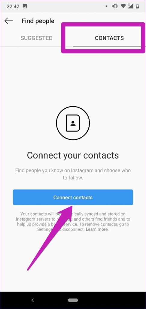 بخش Contacts بروید و دکمه Connect contacts
