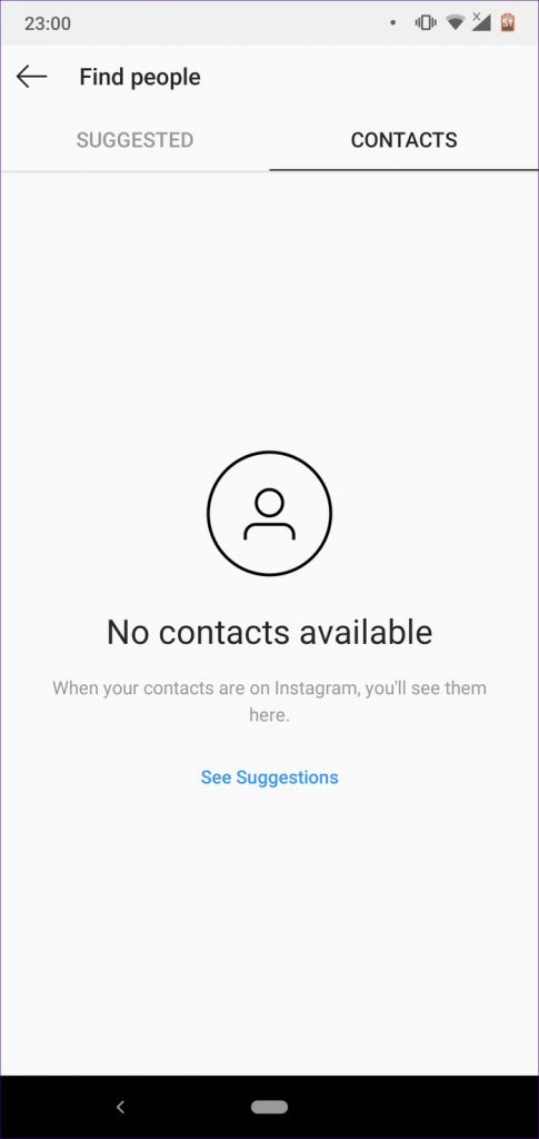 پیام No Contacts available در اینستاگرام