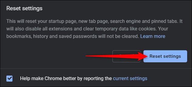 پیام هشدار تنظیم مجدد تنظیمات مرورگر Chrome