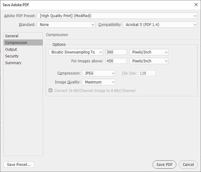منوی compression برای اعمال تنظیمات به جهت تولید فایل PDF از چندین تصویر