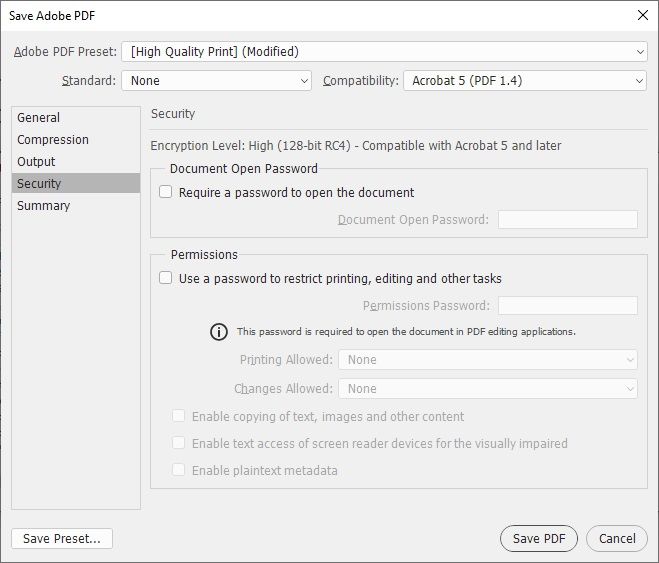 منوی security برای اعمال تنظیمات به جهت تولید فایل PDF از چندین تصویر