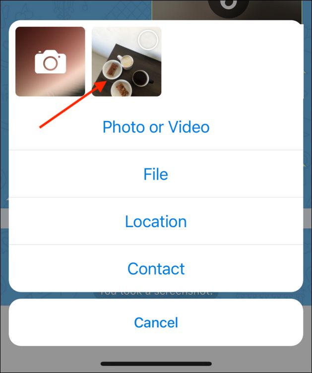 انتخاب یک عکس و یا یک فیلم به جهت ارسال در صفحه چت تلگرام آیفون