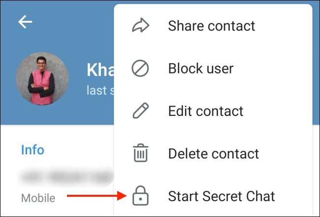 گزینه Start Secret Chat در صفحه چت تلگرام اندروید
