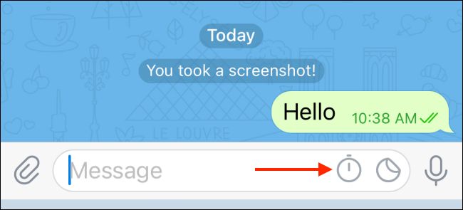 آیکون فعال کردن تایمر خود تخریبی پیام (self-destruct) در تلگرام آیفون