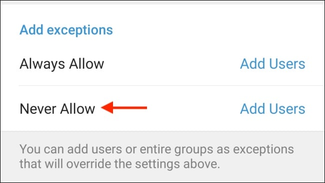 ویژگی Never Allow به جهت عدم دسترسی برای مشاهده تصویر پروفایل تلگرام اندروید