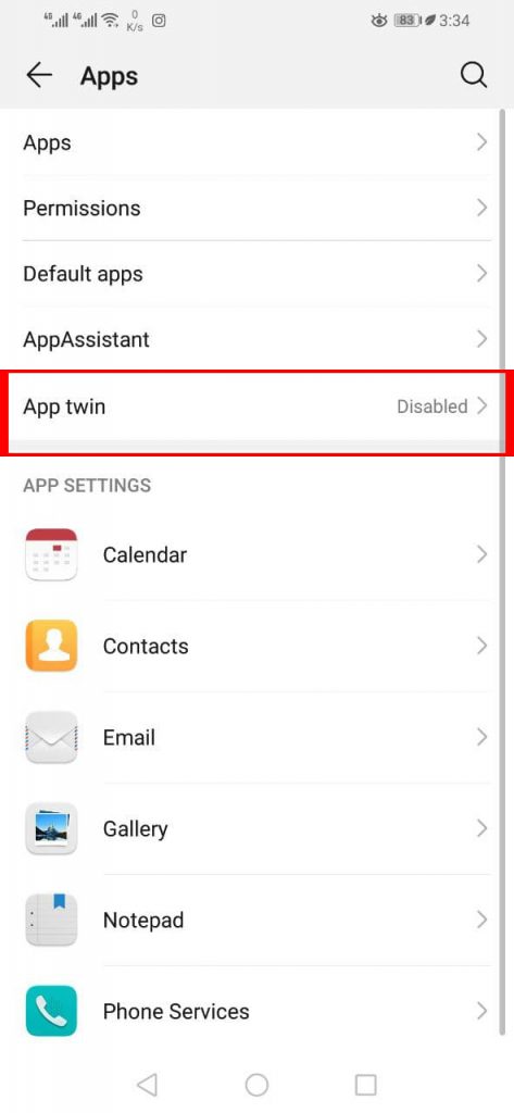 گزینه App twin در فهرست منوی تنظیمات Apps گوشی هواوی