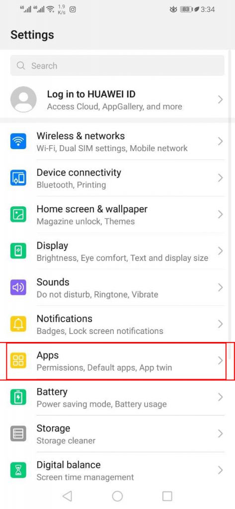 گزینه Apps از فهرست تنظیمات گوشی هواوی