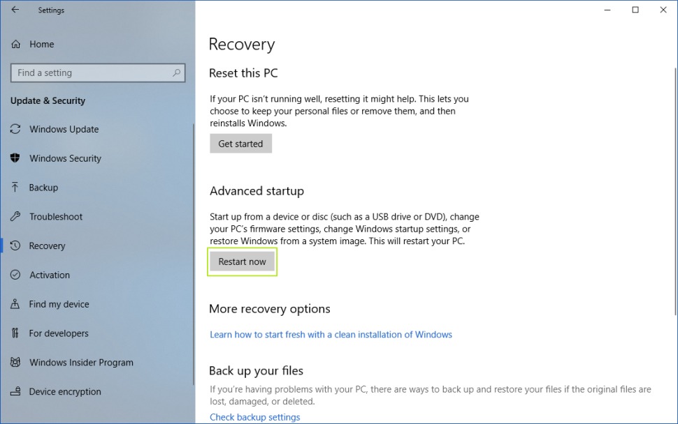 دکمه Restart در منوی تنظیمات Recovery ویندوز 10