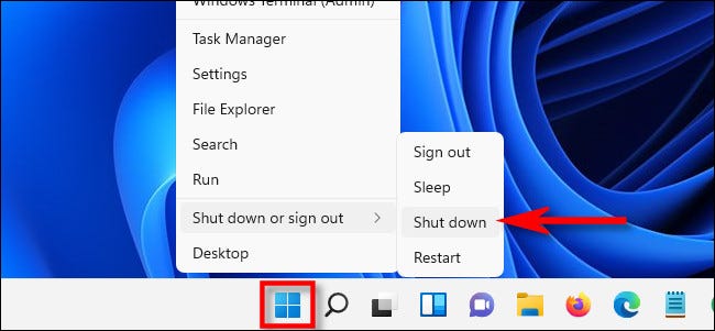 روش خاموش کردن ویندوز 11 از طریق راست کلیک کردن بر روی منوی Start